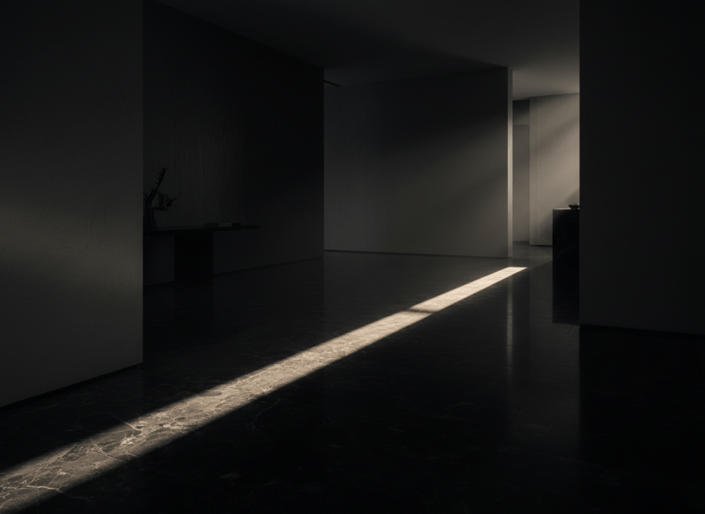Sophisticated dark editorial photograph, minimalist luxury interior design with a single dramatic beam of light across a polished dark surface, deep black shadows, refined and intellectual atmosphere, muted tones, high-end fashion magazine aesthetic, cinematic, no text, no people, elegant negative space