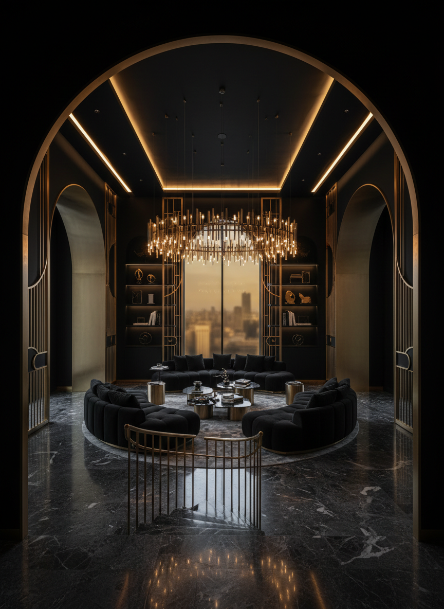 A stunning luxury interior design or architectural space — dramatic dark ambiance with golden accents, elegant materials like marble and brass, cinematic lighting, high-end contemporary aesthetic, editorial photography style, deep blacks and warm golden tones, sophisticated and refined atmosphere