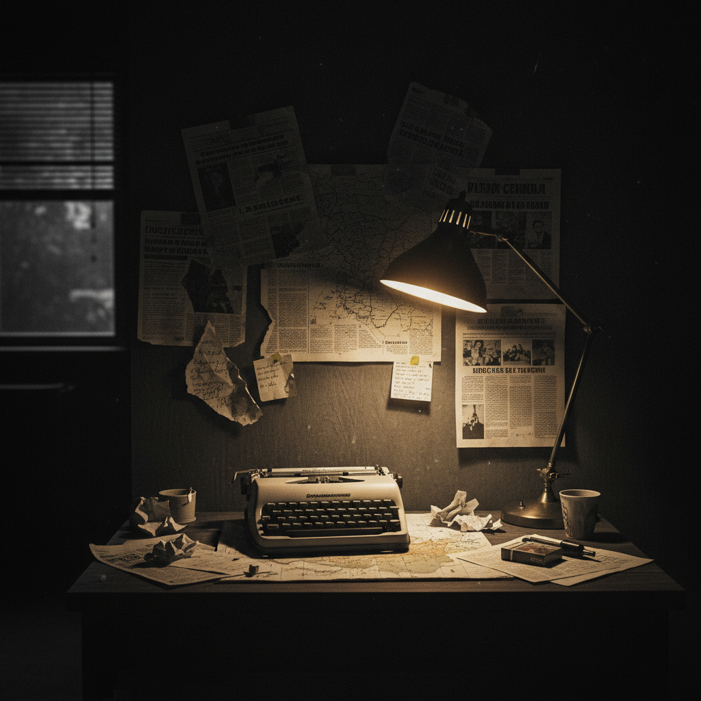 Bureau de journaliste d'investigation la nuit — documents éparpillés, machine à écrire, lumière dorée