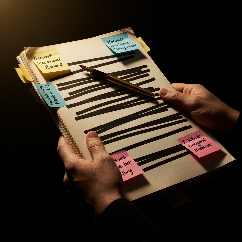 Mains tenant un dossier d'investigation avec notes et lignes biffées — ambiance noir et or