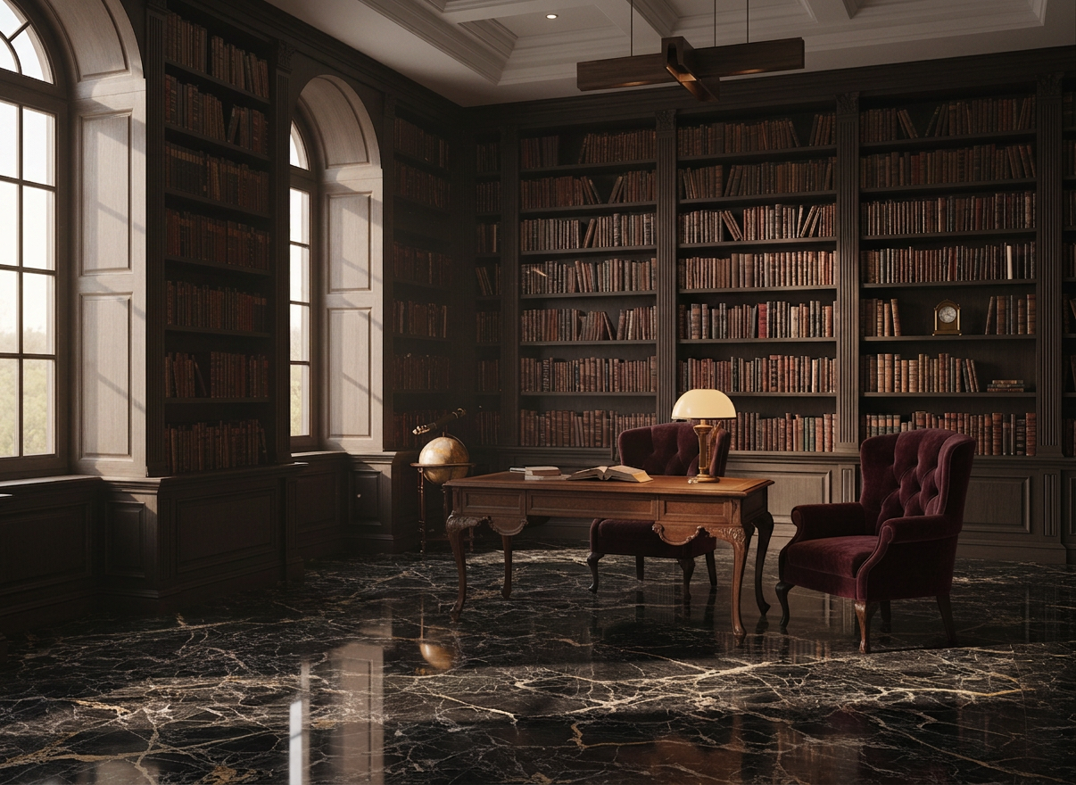 Bibliothèque de luxe A magnificent private luxury library, floor-to-ceiling dark wood bookshelves filled with leather-bound books, a large antique desk with a brass lamp casting warm golden light, deep velvet armchair in dark green or burgundy, marble floors, dramatic shadows, cinematic atmosphere, black and gold tones, sophisticated and exclusive, no people