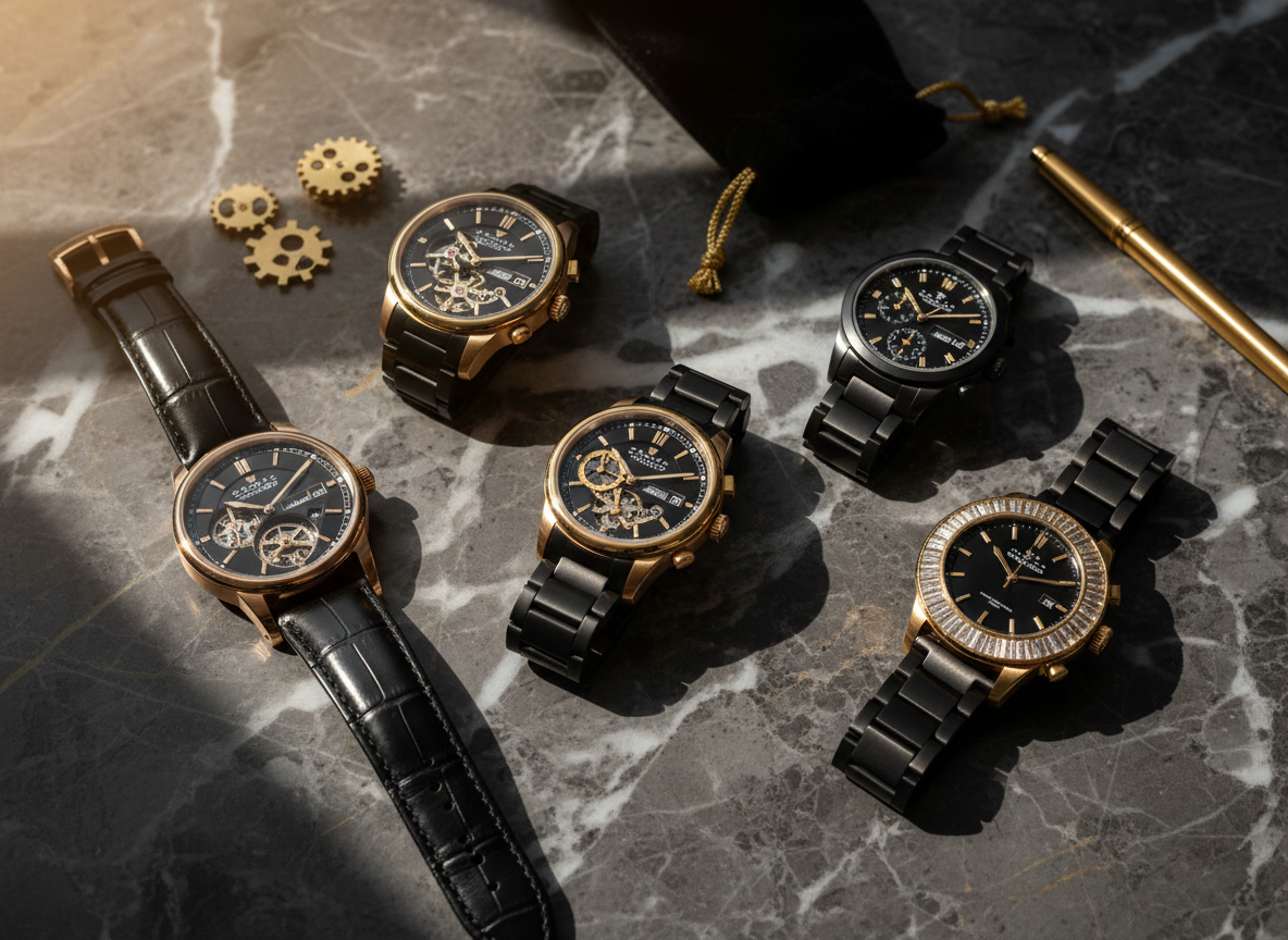 Montres de luxe sur marbre noir — élégance cinématographique