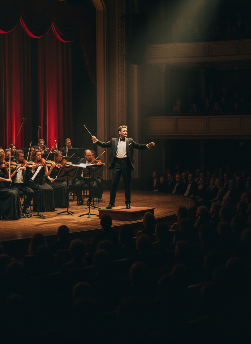 Concert classique luxe — chef d'orchestre lumière dorée