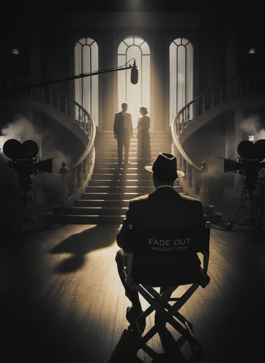 A cinematic, elegant black and white film set scene — a director in a tailored suit sitting in a director's chair, seen from behind, watching a dramatically lit film set. Minimal, sophisticated, film noir atmosphere, golden light accents, luxury aesthetic.