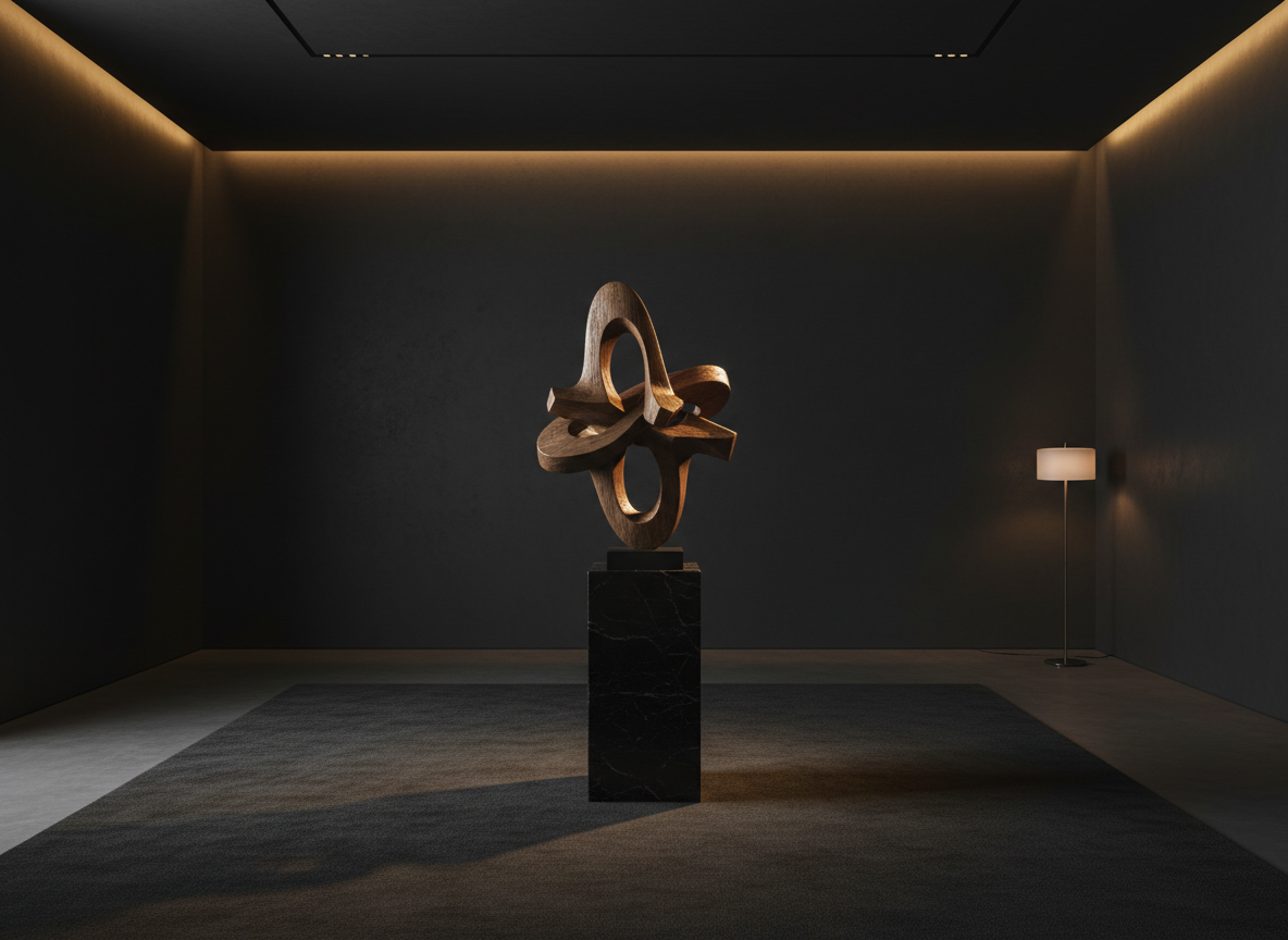 Décoration intérieure exclusive — sculpture sur marbre noir, lumière dorée, sobre et luxueux