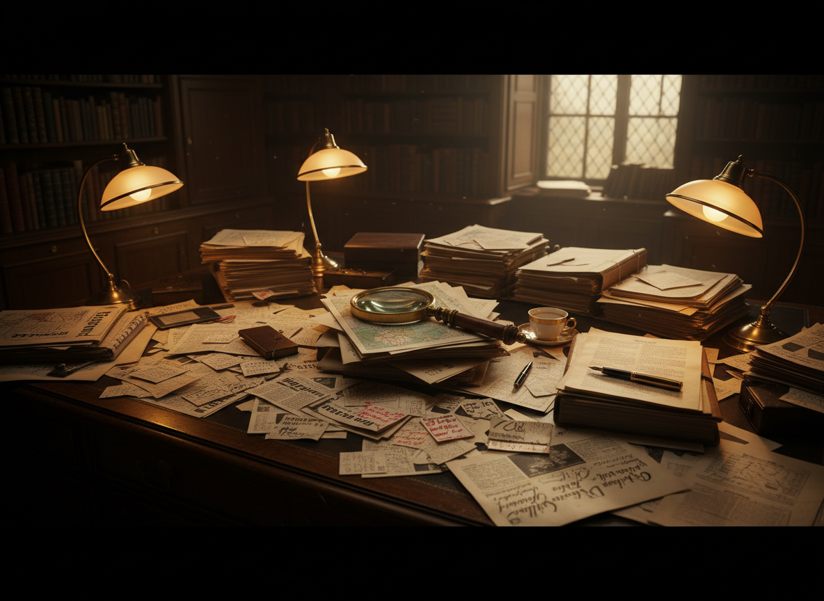 A cinematic, elegant investigative journalism scene — a large wooden desk covered with newspapers, press clippings, research documents, handwritten notes, and magnifying glass. Dark moody lighting with golden warm accents, film noir atmosphere, black and gold tones, sophisticated editorial aesthetic, no people visible, focus on the research materials and documents