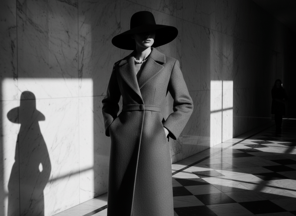 A sophisticated black and white fashion photograph evoking secret luxury and subtle elegance. A woman in a structured haute couture coat, face partially hidden by the shadow of a wide-brimmed hat, standing in a minimalist Parisian corridor with marble walls. Mood is mysterious, refined, and timeless. High contrast, editorial photography style, no color, pure black and white tones, cinematic lighting.