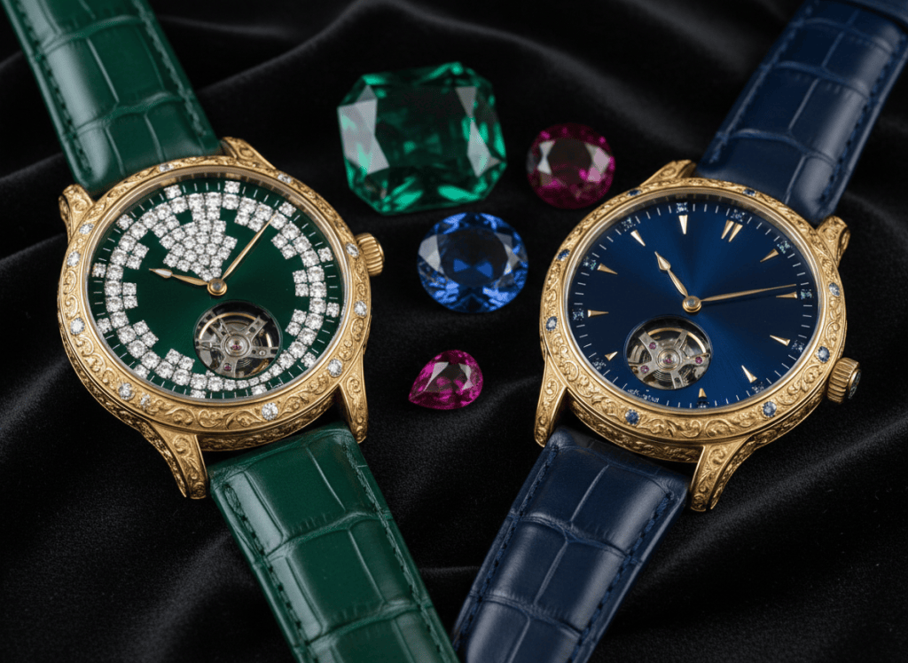 One or two exceptional luxury collector watches, natural gemstones, vivid colors — one with an emerald green dial set with diamonds, another with a deep sapphire blue dial, gold cases with intricate engravings, placed on dark velvet or polished marble, editorial luxury photography, close-up, stunning detail, rich colors, museum quality collector timepieces