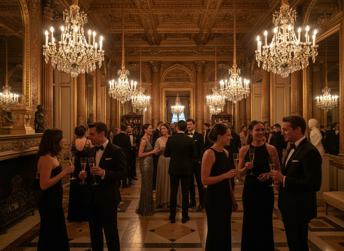 Exclusive cocktail reception in a grand château or prestigious museum — elegant guests in couture and black tie, golden champagne glasses, candlelit chandeliers, ornate gilded architecture, marble floors, warm amber and black tones, cinematic editorial photography, candid sophisticated crowd, no posed looks, ultra-luxurious atmosphere