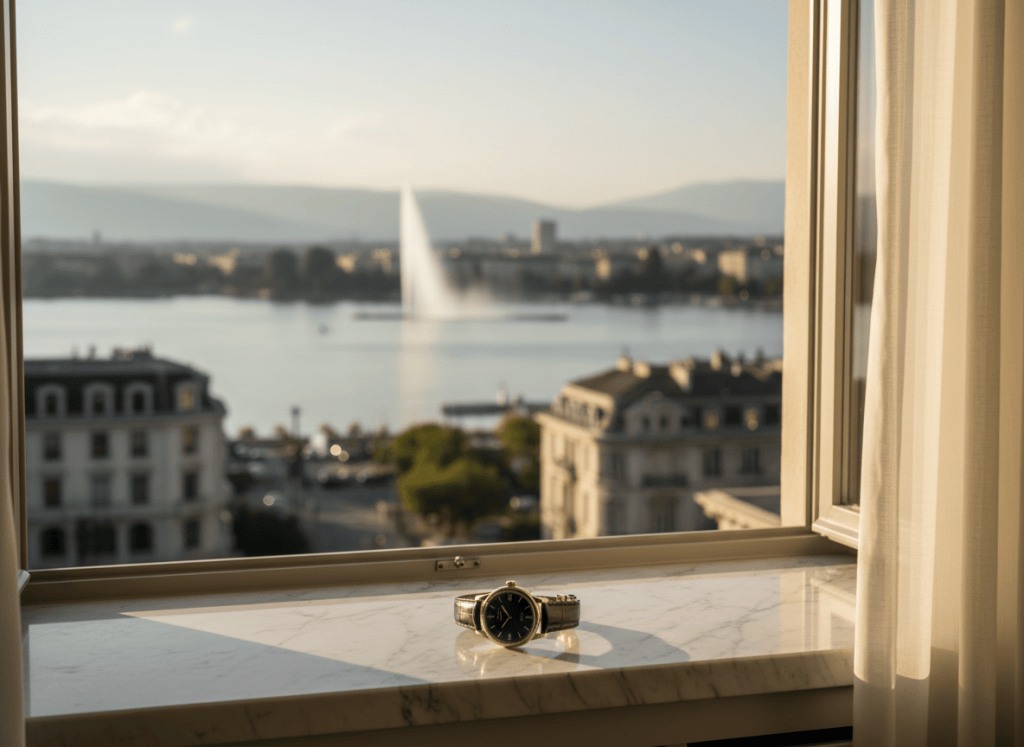 Elegant hotel room window view at Beau-Rivage Palace Geneva, luxury watch displayed on a marble windowsill, the famous Geneva Jet d'eau fountain visible on Lake Léman in the background, golden afternoon light, sophisticated and subtle, editorial photography style, muted tones