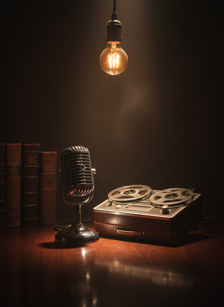 Microphone vintage et enregistreur de presse sur une table sombre éclairée par une lumière chaude, atmosphère d'investigation.