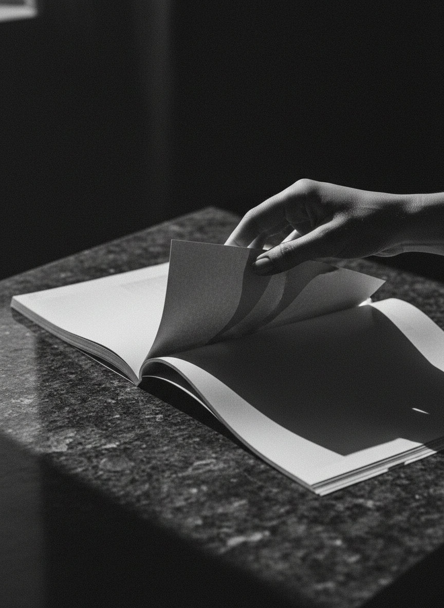 Main tournant la page d'un magazine de luxe sur une surface sombre, jeu d'ombres dramatique.