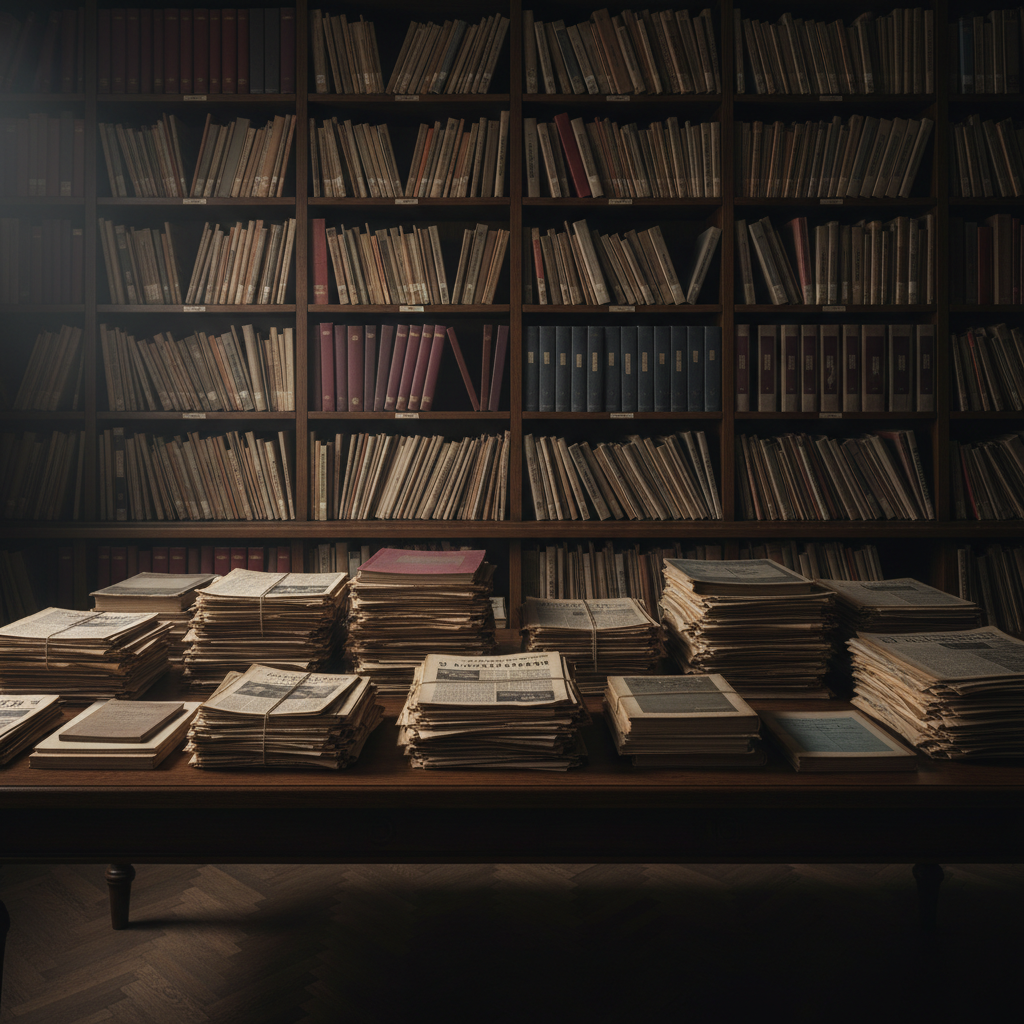 Salle d'archives sombre avec journaux, magazines et rapports imprimés empilés, lumière douce et atmosphère intellectuelle raffinée.