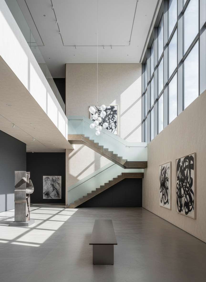 Intérieur de galerie d'art moderne aux lignes architecturales nettes, tons sobres et raffinés.