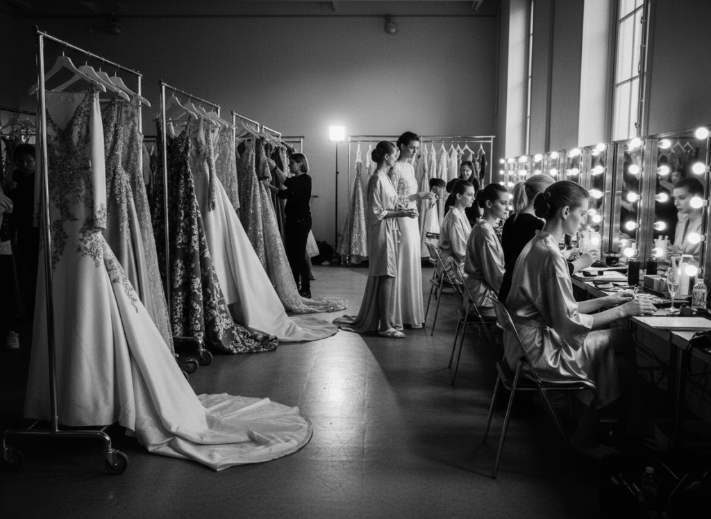 Black and white cinematic editorial photography, backstage at a haute couture fashion show, elegant dresses hanging on racks, models getting ready, soft dramatic chiaroscuro lighting, very luxurious and sophisticated atmosphere, photorealistic, no illustration